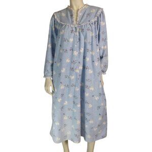 LANZ OF SALSBURG Flannel Nightgown, M, Blue, Lace Trim, Birds/Floral, Midi, Flaw